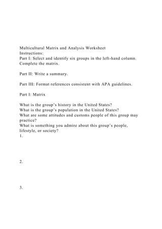 Multicultural Matrix and Analysis Worksheet
Instructions:
Part I: Select and identify six groups in the left-hand column.
Complete the matrix.
Part II: Write a summary.
Part III: Format references consistent with APA guidelines.
Part I: Matrix
What is the group’s history in the United States?
What is the group’s population in the United States?
What are some attitudes and customs people of this group may
practice?
What is something you admire about this group’s people,
lifestyle, or society?
1.
2.
3.
 
