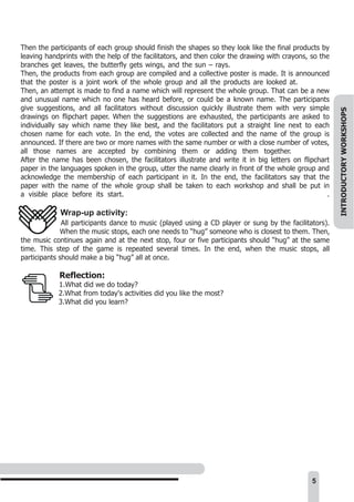Then the participants of each group should finish the shapes so they look like the final products by
leaving handprints with the help of the facilitators, and then color the drawing with crayons, so the
branches get leaves, the butterfly gets wings, and the sun – rays................................................
Then, the products from each group are compiled and a collective poster is made. It is announced
that the poster is a joint work of the whole group and all the products are looked at................
Then, an attempt is made to find a name which will represent the whole group. That can be a new
and unusual name which no one has heard before, or could be a known name. The participants
give suggestions, and all facilitators without discussion quickly illustrate them with very simple




                                                                                                                               INTRODUCTORY WORKSHOPS
drawings on flipchart paper. When the suggestions are exhausted, the participants are asked to
individually say which name they like best, and the facilitators put a straight line next to each
chosen name for each vote. In the end, the votes are collected and the name of the group is
announced. If there are two or more names with the same number or with a close number of votes,
all those names are accepted by combining them or adding them together...................
After the name has been chosen, the facilitators illustrate and write it in big letters on flipchart
paper in the languages spoken in the group, utter the name clearly in front of the whole group and
acknowledge the membership of each participant in it. In the end, the facilitators say that the
paper with the name of the whole group shall be taken to each workshop and shall be put in
a visible place before its start.................      .....................................................................

               Wrap-up activity:
              All participants dance to music (played using a CD player or sung by the facilitators).
             When the music stops, each one needs to “hug” someone who is closest to them. Then,
the music continues again and at the next stop, four or five participants should “hug” at the same
time. This step of the game is repeated several times. In the end, when the music stops, all
participants should make a big “hug” all at once.

               Reflection:
               1.What did we do today?
               2.What from today's activities did you like the most?
               3.What did you learn?




                                                                                                                     5
 
