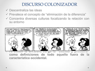 DISCURSO COLONIZADOR
 Descentraliza las ideas
 Prevalece el concepto de “eliminación de la diferencia”
 Concentra diversas culturas focalizando la relación con
su entorno
 Al existir la división, surge lo “exótico y primitivo”
como definiciones de todo aquello fuera de la
característica occidental.
 