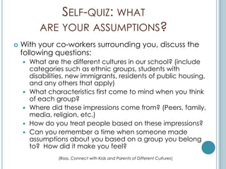 SELF-QUIZ: WHAT
           ARE YOUR ASSUMPTIONS?
   With your co-workers surrounding you, discuss the
    following questions:
       What are the different cultures in our school? (include
        categories such as ethnic groups, students with
        disabilities, new immigrants, residents of public housing,
        and any others that apply)
       What characteristics first come to mind when you think
        of each group?
       Where did these impressions come from? (Peers, family,
        media, religion, etc.)
       How do you treat people based on these impressions?
       Can you remember a time when someone made
        assumptions about you based on a group you belong
        to? How did it make you feel?
                 (Ross, Connect with Kids and Parents of Different Cultures)
 