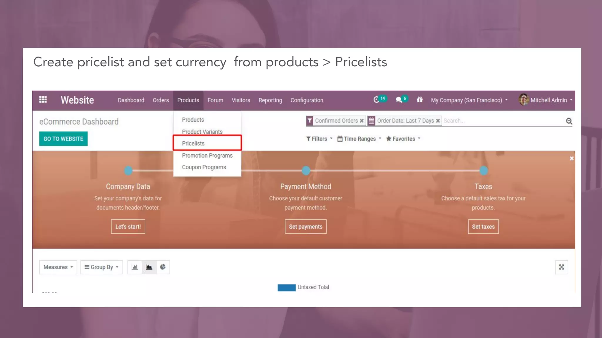 Create pricelist and set currency from products > Pricelists