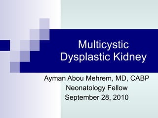 Multicystic Dysplastic Kidney Ayman Abou Mehrem, MD, CABP Neonatology Fellow September 28, 2010 