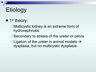 Etiology 1 st  theory: Multicystic kidney is an extreme form of hydronephrosis Secondary to atresia of the ureter or pelvis Ligation of the ureter in animal models    dysplasia, but no multicystic dysplasia 