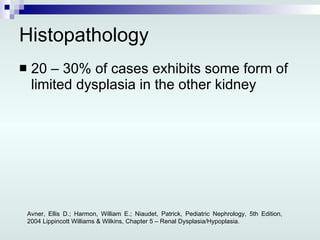 Histopathology 20 – 30% of cases exhibits some form of limited dysplasia in the other kidney Avner, Ellis D.; Harmon, William E.; Niaudet, Patrick, Pediatric Nephrology, 5th Edition, 2004 Lippincott Williams & Wilkins, Chapter 5 – Renal Dysplasia/Hypoplasia. 