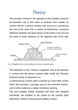 Theory
The principle involved in the operation of the Capillary pressure
de-saturation cell is that water is removed from sample by
suction wherein a porous ceramic wall serves as a connecting
link and at the same time a means of maintaining a pressure
difference between the liquid phase of the water in the soil and
the water at lower pressure on the opposite side of the wall.
The illustration in Fig. 3 shows a magnified view of soil particles
in contact with the porous ceramic plate inside the Pressure
Extractor during an extraction run.
A wetted porous ceramic plate is backed by a fine mesh screen
which also provides a passage way for the extracted solution,
and is futher sealed by a rubber membrane backing.
The rock samples initially saturated with brine and weighted
individually are installed in the vessel on the ceramic plate
preliminary wetted to ensure good capillary contact.
 