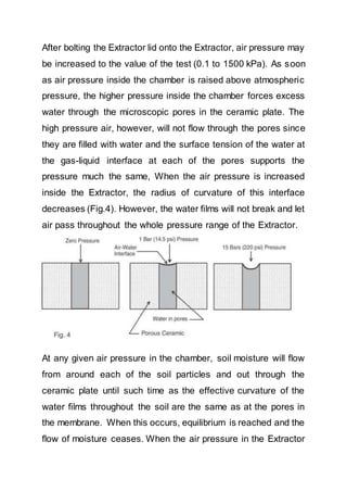 After bolting the Extractor lid onto the Extractor, air pressure may
be increased to the value of the test (0.1 to 1500 kPa). As soon
as air pressure inside the chamber is raised above atmospheric
pressure, the higher pressure inside the chamber forces excess
water through the microscopic pores in the ceramic plate. The
high pressure air, however, will not flow through the pores since
they are filled with water and the surface tension of the water at
the gas-liquid interface at each of the pores supports the
pressure much the same, When the air pressure is increased
inside the Extractor, the radius of curvature of this interface
decreases (Fig.4). However, the water films will not break and let
air pass throughout the whole pressure range of the Extractor.
At any given air pressure in the chamber, soil moisture will flow
from around each of the soil particles and out through the
ceramic plate until such time as the effective curvature of the
water films throughout the soil are the same as at the pores in
the membrane. When this occurs, equilibrium is reached and the
flow of moisture ceases. When the air pressure in the Extractor
 