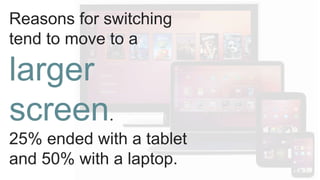 Reasons for switching
tend to move to a
larger
screen.
25% ended with a tablet
and 50% with a laptop.
 