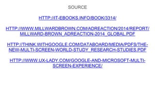 SOURCE
HTTP://IT-EBOOKS.INFO/BOOK/3314/
HTTP://WWW.MILLWARDBROWN.COM/ADREACTION/2014/REPORT/
MILLWARD-BROWN_ADREACTION-2014_GLOBAL.PDF
HTTP://THINK.WITHGOOGLE.COM/DATABOARD/MEDIA/PDFS/THE-
NEW-MULTI-SCREEN-WORLD-STUDY_RESEARCH-STUDIES.PDF
HTTP://WWW.UX-LADY.COM/GOOGLE-AND-MICROSOFT-MULTI-
SCREEN-EXPERIENCE/
 