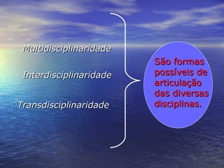 São formas  possíveis de articulação  das diversas disciplinas. Multidisciplinaridade Interdisciplinaridade Transdisciplinaridade 
