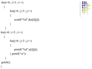for(i=0 ; i<3 ; i++)
{
for(j=0 ; j<3 ; j++)
{
scanf(“%d”,&a[i][j]);
}
}
for(i=0 ; i<3 ; i++)
{
for(j=0 ; j<3 ; j++)
{
printf(“%d”,a[i][j]);
} printf(“n”);
}
getch();
}
 