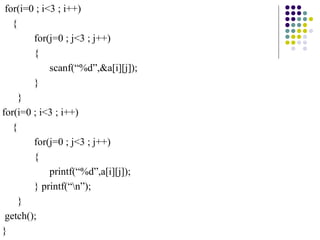 for(i=0 ; i<3 ; i++)
{
for(j=0 ; j<3 ; j++)
{
scanf(“%d”,&a[i][j]);
}
}
for(i=0 ; i<3 ; i++)
{
for(j=0 ; j<3 ; j++)
{
printf(“%d”,a[i][j]);
} printf(“n”);
}
getch();
}
 