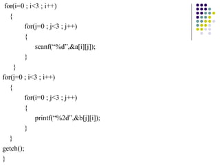 for(i=0 ; i<3 ; i++)
{
for(j=0 ; j<3 ; j++)
{
scanf(“%d”,&a[i][j]);
}
}
for(j=0 ; i<3 ; i++)
{
for(i=0 ; j<3 ; j++)
{
printf(“%2d”,&b[j][i]);
}
}
getch();
}
 