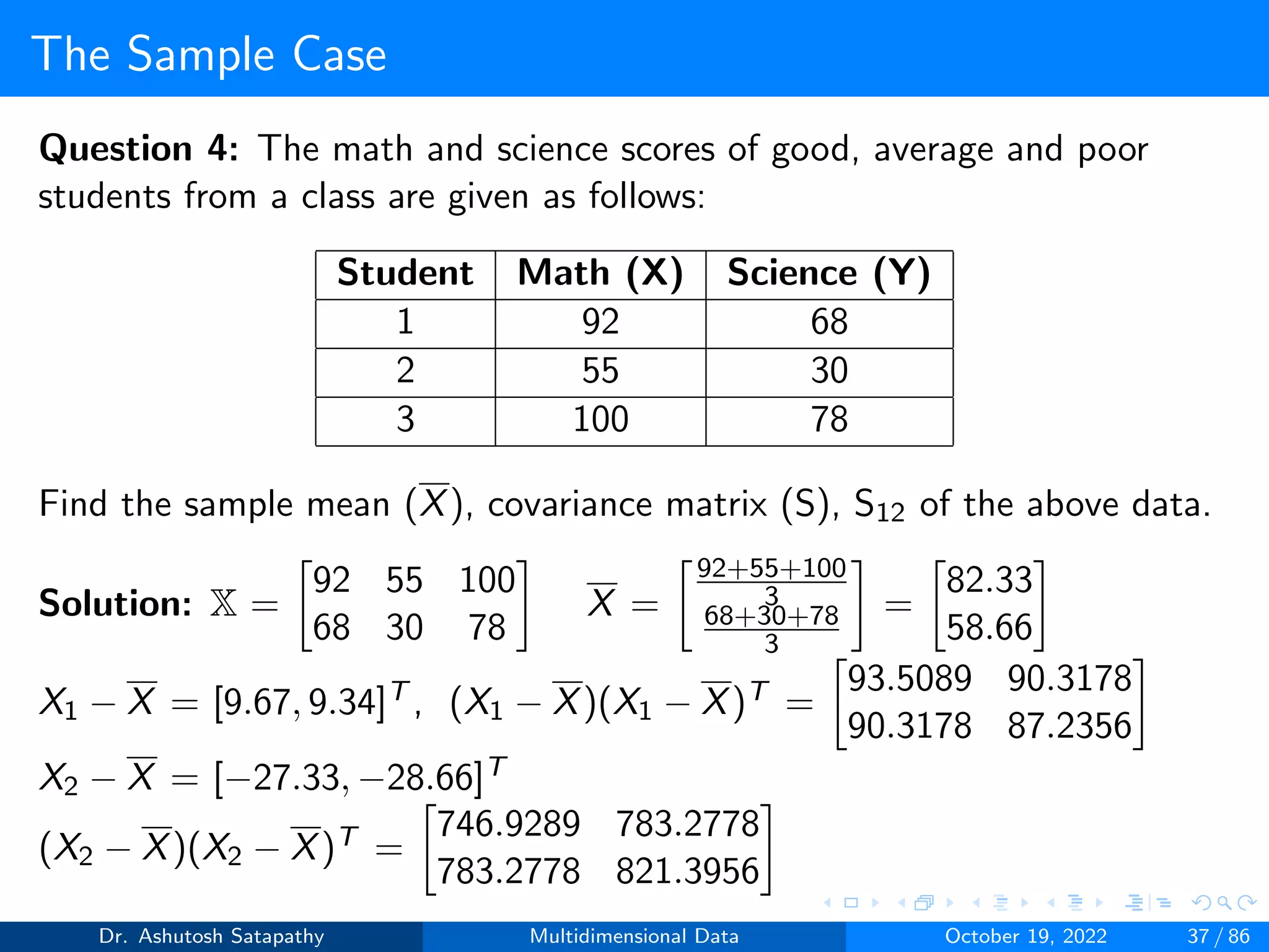 The Sample Case
Question 4: The math and science scores of good, average and poor
students from a class are given as follows:
Student Math (X) Science (Y)
1 92 68
2 55 30
3 100 78
Find the sample mean (X), covariance matrix (S), S12 of the above data.
Solution: X =

92 55 100
68 30 78

X =
92+55+100
3
68+30+78
3

=

82.33
58.66

X1 − X = [9.67, 9.34]T , (X1 − X)(X1 − X)T =

93.5089 90.3178
90.3178 87.2356

X2 − X = [−27.33, −28.66]T
(X2 − X)(X2 − X)T =

746.9289 783.2778
783.2778 821.3956

Dr. Ashutosh Satapathy Multidimensional Data October 19, 2022 37 / 86
 