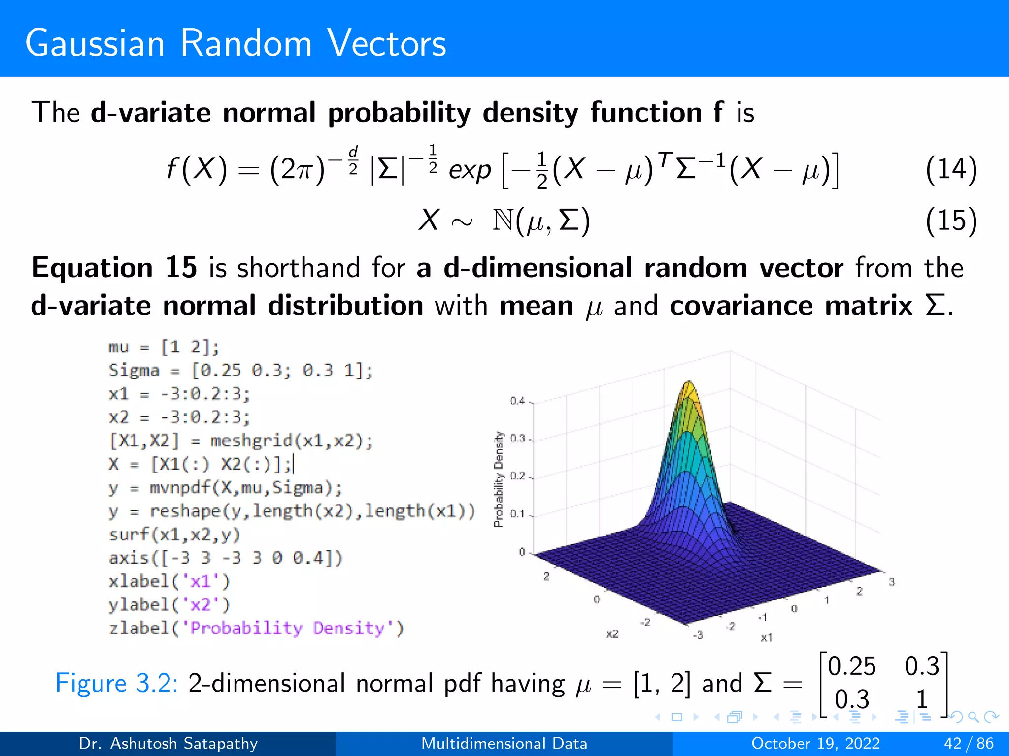 Gaussian Random Vectors
The d-variate normal probability density function f is
f (X) = (2π)−d
2 |Σ|−1
2 exp

−1
2(X − µ)T Σ−1(X − µ)

(14)
X ∼ N(µ, Σ) (15)
Equation 15 is shorthand for a d-dimensional random vector from the
d-variate normal distribution with mean µ and covariance matrix Σ.
Figure 3.2: 2-dimensional normal pdf having µ = [1, 2] and Σ =

0.25 0.3
0.3 1

Dr. Ashutosh Satapathy Multidimensional Data October 19, 2022 42 / 86
 