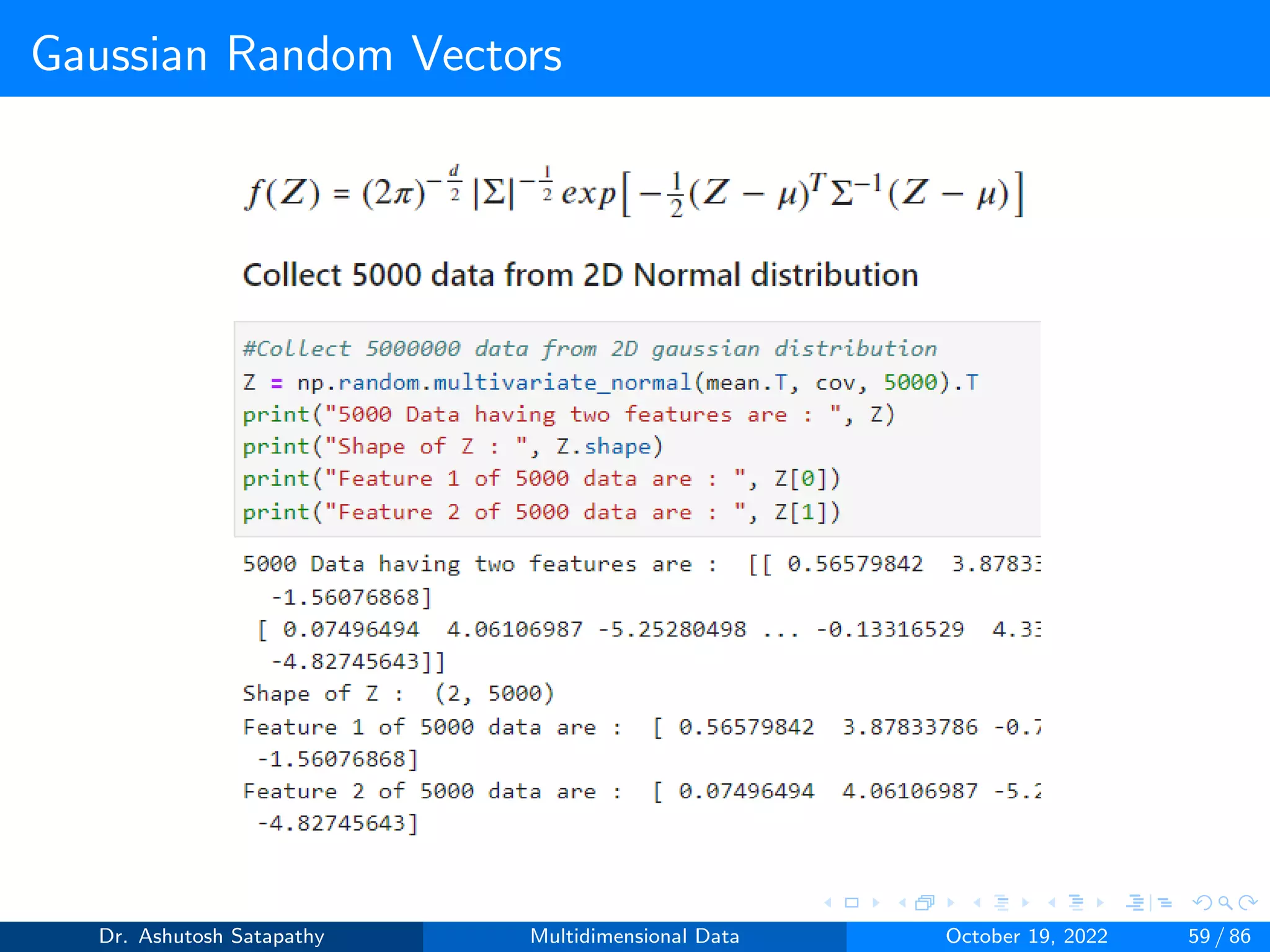 Gaussian Random Vectors
Dr. Ashutosh Satapathy Multidimensional Data October 19, 2022 59 / 86
 