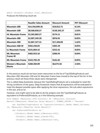 105
where [Product].[Product Line].[Mountain]
Produces the following result set:
Reseller Sales Amount Discount Amount PCT Discount
Mountain-200 $14,356,699.36 $19,012.71 0.13%
Mountain-100 $8,568,958.27 $139,393.27 1.63%
HL Mountain Frame $3,365,069.27 $174.11 0.01%
Mountain-300 $1,907,249.38 $876.95 0.05%
Mountain-500 $1,067,327.31 $17,266.09 1.62%
Mountain-400-W $592,450.05 $303.49 0.05%
LL Mountain Frame $521,864.42 $252.41 0.05%
ML Mountain
Frame-W
$482,953.16 $206.95 0.04%
ML Mountain Frame $343,785.29 $161.82 0.05%
Women's Mountain
Shorts
$260,304.09 $6,675.56 2.56%
In the previous result set we have seven newcomers to the list of Top10SellingProducts and
Mountain-200, Mountain-100 and HL Mountain Frame have moved to the top of the list. In the
previous result set those three values were interspersed
This is called Deep Autoexists, because the Top10SellingProducts set is evaluated to meet the
slicing conditions of the query. Deep Autoexists means that all expressions will be evaluated to
meet the deepest possible space after applying the slicer expressions, the sub select expressions
in the axis, and so on.
However, one might want to be able to do the analysis over the Top10SellingProducts as
equivalent to Preferred10Products, as in the following example:
with member [Measures].[PCT Discount] AS '[Measures].[Discount
Amount]/[Measures].[Reseller Sales Amount]', FORMAT_STRING = 'Percent'
set Top10SellingProducts as 'topcount([Product].[Model Name].children,
10, [Measures].[Reseller Sales Amount])'
set Preferred10Products as '
{[Product].[Model Name].&[Mountain-200],
[Product].[Model Name].&[Road-250],
[Product].[Model Name].&[Mountain-100],
 