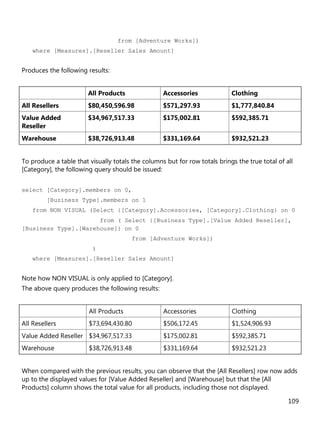 109
from [Adventure Works])
where [Measures].[Reseller Sales Amount]
Produces the following results:
All Products Accessories Clothing
All Resellers $80,450,596.98 $571,297.93 $1,777,840.84
Value Added
Reseller
$34,967,517.33 $175,002.81 $592,385.71
Warehouse $38,726,913.48 $331,169.64 $932,521.23
To produce a table that visually totals the columns but for row totals brings the true total of all
[Category], the following query should be issued:
select [Category].members on 0,
[Business Type].members on 1
from NON VISUAL (Select {[Category].Accessories, [Category].Clothing} on 0
from ( Select {[Business Type].[Value Added Reseller],
[Business Type].[Warehouse]} on 0
from [Adventure Works])
)
where [Measures].[Reseller Sales Amount]
Note how NON VISUAL is only applied to [Category].
The above query produces the following results:
All Products Accessories Clothing
All Resellers $73,694,430.80 $506,172.45 $1,524,906.93
Value Added Reseller $34,967,517.33 $175,002.81 $592,385.71
Warehouse $38,726,913.48 $331,169.64 $932,521.23
When compared with the previous results, you can observe that the [All Resellers] row now adds
up to the displayed values for [Value Added Reseller] and [Warehouse] but that the [All
Products] column shows the total value for all products, including those not displayed.
 