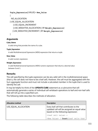 111
Tuple_Expression[.VALUE]= New_Value
[
NO_ALLOCATION
| USE_EQUAL_ALLOCATION
| USE_EQUAL_INCREMENT
| USE_WEIGHTED_ALLOCATION [ BY Weight_Expression]
| USE_WEIGHTED_INCREMENT [ BY Weight_Expression]
]
Arguments
Cube_Name
A valid string that provides the name of a cube.
Tuple_Expression
A valid Multidimensional Expressions (MDX) expression that returns a tuple.
New_Value
A valid numeric expression.
Weight_Expression
A valid Multidimensional Expressions (MDX) numeric expression that returns a decimal value
between 0 and 1.
Remarks
The cell specified by the tuple expression can be any valid cell in the multidimensional space
(that is, the cell does not have to be a leaf cell). However, the cell must be aggregated with the
Sum aggregate function and must not include a calculated member in the tuple that is used to
identify the cell.
It may be helpful to think of the UPDATE CUBE statement as a subroutine that will
automatically generate a series of individual cell writeback operations to leaf and non-leaf cells
that will roll up into a specified sum.
The following table describes the methods of allocation.
Allocation method Description
USE_EQUAL_ALLOCATION Every leaf cell that contributes to the
updated cell will be assigned an equal value
based on the following expression:
<leaf cell value> =
<New Value> / Count(leaf cells that
 