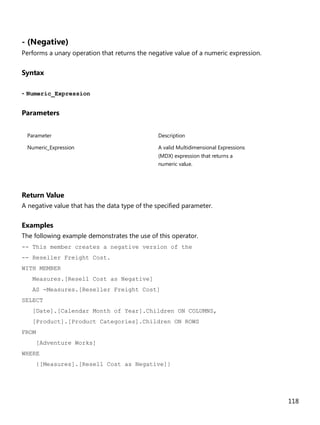 118
- (Negative)
Performs a unary operation that returns the negative value of a numeric expression.
Syntax
- Numeric_Expression
Parameters
Parameter Description
Numeric_Expression A valid Multidimensional Expressions
(MDX) expression that returns a
numeric value.
Return Value
A negative value that has the data type of the specified parameter.
Examples
The following example demonstrates the use of this operator.
-- This member creates a negative version of the
-- Reseller Freight Cost.
WITH MEMBER
Measures.[Resell Cost as Negative]
AS -Measures.[Reseller Freight Cost]
SELECT
[Date].[Calendar Month of Year].Children ON COLUMNS,
[Product].[Product Categories].Children ON ROWS
FROM
[Adventure Works]
WHERE
{[Measures].[Resell Cost as Negative]}
 