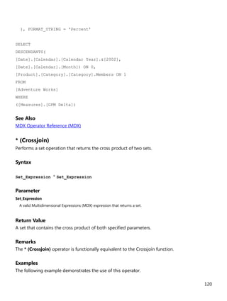 120
), FORMAT_STRING = 'Percent'
SELECT
DESCENDANTS(
[Date].[Calendar].[Calendar Year].&[2002],
[Date].[Calendar].[Month]) ON 0,
[Product].[Category].[Category].Members ON 1
FROM
[Adventure Works]
WHERE
([Measures].[GPM Delta])
See Also
MDX Operator Reference (MDX)
* (Crossjoin)
Performs a set operation that returns the cross product of two sets.
Syntax
Set_Expression * Set_Expression
Parameter
Set_Expression
A valid Multidimensional Expressions (MDX) expression that returns a set.
Return Value
A set that contains the cross product of both specified parameters.
Remarks
The * (Crossjoin) operator is functionally equivalent to the Crossjoin function.
Examples
The following example demonstrates the use of this operator.
 