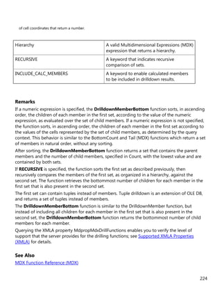 224
of cell coordinates that return a number.
Hierarchy A valid Multidimensional Expressions (MDX)
expression that returns a hierarchy.
RECURSIVE A keyword that indicates recursive
comparison of sets.
INCLUDE_CALC_MEMBERS A keyword to enable calculated members
to be included in drilldown results.
Remarks
If a numeric expression is specified, the DrilldownMemberBottom function sorts, in ascending
order, the children of each member in the first set, according to the value of the numeric
expression, as evaluated over the set of child members. If a numeric expression is not specified,
the function sorts, in ascending order, the children of each member in the first set according to
the values of the cells represented by the set of child members, as determined by the query
context. This behavior is similar to the BottomCount and Tail (MDX) functions which return a set
of members in natural order, without any sorting.
After sorting, the DrilldownMemberBottom function returns a set that contains the parent
members and the number of child members, specified in Count, with the lowest value and are
contained by both sets.
If RECURSIVE is specified, the function sorts the first set as described previously, then
recursively compares the members of the first set, as organized in a hierarchy, against the
second set. The function retrieves the bottommost number of children for each member in the
first set that is also present in the second set.
The first set can contain tuples instead of members. Tuple drilldown is an extension of OLE DB,
and returns a set of tuples instead of members.
The DrilldownMemberBottom function is similar to the DrilldownMember function, but
instead of including all children for each member in the first set that is also present in the
second set, the DrilldownMemberBottom function returns the bottommost number of child
members for each member.
Querying the XMLA property MdpropMdxDrillFunctions enables you to verify the level of
support that the server provides for the drilling functions; see Supported XMLA Properties
(XMLA) for details.
See Also
MDX Function Reference (MDX)
 