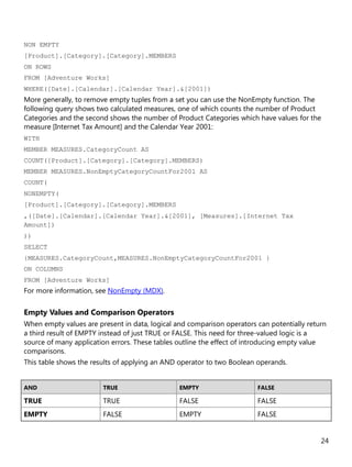 24
NON EMPTY
[Product].[Category].[Category].MEMBERS
ON ROWS
FROM [Adventure Works]
WHERE([Date].[Calendar].[Calendar Year].&[2001])
More generally, to remove empty tuples from a set you can use the NonEmpty function. The
following query shows two calculated measures, one of which counts the number of Product
Categories and the second shows the number of Product Categories which have values for the
measure [Internet Tax Amount] and the Calendar Year 2001:
WITH
MEMBER MEASURES.CategoryCount AS
COUNT([Product].[Category].[Category].MEMBERS)
MEMBER MEASURES.NonEmptyCategoryCountFor2001 AS
COUNT(
NONEMPTY(
[Product].[Category].[Category].MEMBERS
,([Date].[Calendar].[Calendar Year].&[2001], [Measures].[Internet Tax
Amount])
))
SELECT
{MEASURES.CategoryCount,MEASURES.NonEmptyCategoryCountFor2001 }
ON COLUMNS
FROM [Adventure Works]
For more information, see NonEmpty (MDX).
Empty Values and Comparison Operators
When empty values are present in data, logical and comparison operators can potentially return
a third result of EMPTY instead of just TRUE or FALSE. This need for three-valued logic is a
source of many application errors. These tables outline the effect of introducing empty value
comparisons.
This table shows the results of applying an AND operator to two Boolean operands.
AND TRUE EMPTY FALSE
TRUE TRUE FALSE FALSE
EMPTY FALSE EMPTY FALSE
 