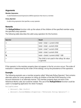 315
Arguments
Member_Expression
A valid Multidimensional Expressions (MDX) expression that returns a member.
Unary_Operator
A valid string expression that specifies a unary operator.
Remarks
The RollupChildren function rolls up the values of the children of the specified member using
the specified unary operator.
The following table describes the valid unary operators for this function.
Operator Result
+ total = total + current child
- total = total - current child
* total = total * current child
/ total = total / current child
% total = (total / current child) * 100
~ The child is not used in the rollup. Its value
is ignored.
If the operator in the member property does not appear in the list, an error occurs. The order of
evaluation is determined by the order of the siblings, not by the precedence of the operators.
Example
The following example uses a member property called "Alternate Rollup Operator" that contains
alternate values for unary operators to rollup up children of the Net Profit hierarchy in the
Account dimension in an alternate manner. This member property does not exist in the
Adventure Works cube, but could be created. This use of the RollupChildren function could be
used in a budgeting application for what-if analysis.
RollupChildren
( [Account].[Net Profit]
, [Account].CurrentMember.Properties ('Alternate Rollup Operator') )
 