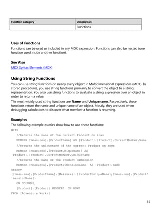 35
Function Category Description
Functions.
Uses of Functions
Functions can be used or included in any MDX expression. Functions can also be nested (one
function used inside another function).
See Also
MDX Syntax Elements (MDX)
Using String Functions
You can use string functions on nearly every object in Multidimensional Expressions (MDX). In
stored procedures, you use string functions primarily to convert the object to a string
representation. You also use string functions to evaluate a string expression over an object in
order to return a value.
The most widely used string functions are Name and Uniquename. Respectively, these
functions return the name and unique name of an object. Mostly, they are used when
debugging calculations to discover what member a function is returning.
Examples
The following example queries show how to use these functions:
WITH
//Returns the name of the current Product on rows
MEMBER [Measures].[ProductName] AS [Product].[Product].CurrentMember.Name
//Returns the uniquename of the current Product on rows
MEMBER [Measures].[ProductUniqueName] AS
[Product].[Product].CurrentMember.Uniquename
//Returns the name of the Product dimension
MEMBER [Measures].[ProductDimensionName] AS [Product].Name
SELECT
{[Measures].[ProductName],[Measures].[ProductUniqueName],[Measures].[ProductD
imensionName]}
ON COLUMNS,
[Product].[Product].MEMBERS ON ROWS
FROM [Adventure Works]
 