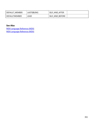 361
DEFAULT_MEMBER LASTSIBLING SELF_AND_AFTER
DEFAULTMEMBER LEAD SELF_AND_BEFORE
See Also
MDX Language Reference (MDX)
MDX Language Reference (MDX)
 