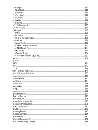 - (Except)................................................................................................................................................ 117
- (Negative) ........................................................................................................................................... 118
- (Subtract)............................................................................................................................................. 119
* (Crossjoin)........................................................................................................................................... 120
* (Multiply)............................................................................................................................................. 121
/ (Divide)................................................................................................................................................. 122
^ (Power)................................................................................................................................................ 124
/*...*/ (Comment)................................................................................................................................. 125
// (Comment)........................................................................................................................................ 126
: (Range) ................................................................................................................................................. 127
+ (Add).................................................................................................................................................... 128
+ (Positive)............................................................................................................................................. 129
+ (String Concatenation) ................................................................................................................. 130
+ (Union)................................................................................................................................................ 130
< (Less Than) ........................................................................................................................................ 132
<= (Less Than or Equal To)............................................................................................................. 133
<> (Not Equal To)............................................................................................................................... 134
= (Equal To)........................................................................................................................................... 135
> (Greater Than).................................................................................................................................. 136
>= (Greater Than or Equal To)....................................................................................................... 137
AND.......................................................................................................................................................... 138
IS140
NOT.......................................................................................................................................................... 141
OR............................................................................................................................................................. 142
XOR .......................................................................................................................................................... 144
MDX Function Reference..................................................................................................................... 145
AddCalculatedMembers................................................................................................................... 157
Aggregate.............................................................................................................................................. 158
AllMembers........................................................................................................................................... 162
Ancestor ................................................................................................................................................. 164
Ancestors ............................................................................................................................................... 166
Ascendants............................................................................................................................................ 168
Avg ........................................................................................................................................................... 169
Axis........................................................................................................................................................... 172
BottomCount........................................................................................................................................ 174
BottomPercent..................................................................................................................................... 175
BottomSum........................................................................................................................................... 176
CalculationCurrentPass..................................................................................................................... 177
CalculationPassValue......................................................................................................................... 178
CASE Statement................................................................................................................................... 179
Children .................................................................................................................................................. 182
ClosingPeriod....................................................................................................................................... 183
CoalesceEmpty..................................................................................................................................... 185
Correlation............................................................................................................................................. 187
Count (Dimension) ............................................................................................................................. 188
Count (Hierarchy Levels) .................................................................................................................. 188
 