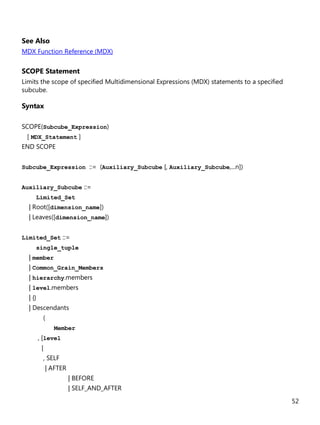52
See Also
MDX Function Reference (MDX)
SCOPE Statement
Limits the scope of specified Multidimensional Expressions (MDX) statements to a specified
subcube.
Syntax
SCOPE(Subcube_Expression)
[ MDX_Statement ]
END SCOPE
Subcube_Expression ::= (Auxiliary_Subcube [, Auxiliary_Subcube,...n])
Auxiliary_Subcube ::=
Limited_Set
| Root([dimension_name])
| Leaves([dimension_name])
Limited_Set ::=
single_tuple
| member
| Common_Grain_Members
| hierarchy.members
| level.members
| {}
| Descendants
(
Member
, [level
[
, SELF
| AFTER
| BEFORE
| SELF_AND_AFTER
 
