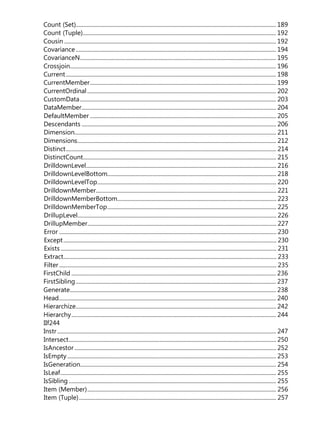 Count (Set)............................................................................................................................................. 189
Count (Tuple)........................................................................................................................................ 192
Cousin ..................................................................................................................................................... 192
Covariance............................................................................................................................................. 194
CovarianceN.......................................................................................................................................... 195
Crossjoin................................................................................................................................................. 196
Current.................................................................................................................................................... 198
CurrentMember................................................................................................................................... 199
CurrentOrdinal..................................................................................................................................... 202
CustomData.......................................................................................................................................... 203
DataMember......................................................................................................................................... 204
DefaultMember ................................................................................................................................... 205
Descendants ......................................................................................................................................... 206
Dimension.............................................................................................................................................. 211
Dimensions............................................................................................................................................ 212
Distinct.................................................................................................................................................... 214
DistinctCount........................................................................................................................................ 215
DrilldownLevel...................................................................................................................................... 216
DrilldownLevelBottom....................................................................................................................... 218
DrilldownLevelTop.............................................................................................................................. 220
DrilldownMember............................................................................................................................... 221
DrilldownMemberBottom................................................................................................................ 223
DrilldownMemberTop....................................................................................................................... 225
DrillupLevel............................................................................................................................................ 226
DrillupMember..................................................................................................................................... 227
Error ......................................................................................................................................................... 230
Except...................................................................................................................................................... 230
Exists........................................................................................................................................................ 231
Extract...................................................................................................................................................... 233
Filter ......................................................................................................................................................... 235
FirstChild ................................................................................................................................................ 236
FirstSibling............................................................................................................................................. 237
Generate................................................................................................................................................. 238
Head......................................................................................................................................................... 240
Hierarchize............................................................................................................................................. 242
Hierarchy................................................................................................................................................ 244
IIf244
Instr .......................................................................................................................................................... 247
Intersect.................................................................................................................................................. 250
IsAncestor.............................................................................................................................................. 252
IsEmpty................................................................................................................................................... 253
IsGeneration.......................................................................................................................................... 254
IsLeaf........................................................................................................................................................ 255
IsSibling .................................................................................................................................................. 255
Item (Member)..................................................................................................................................... 256
Item (Tuple)........................................................................................................................................... 257
 