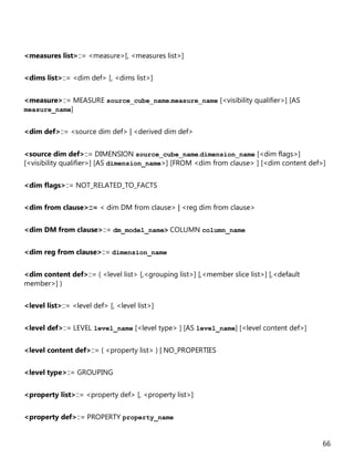 66
<measures list>::= <measure>[, <measures list>]
<dims list>::= <dim def> [, <dims list>]
<measure>::= MEASURE source_cube_name.measure_name [<visibility qualifier>] [AS
measure_name]
<dim def>::= <source dim def> | <derived dim def>
<source dim def>::= DIMENSION source_cube_name.dimension_name [<dim flags>]
[<visibility qualifier>] [AS dimension_name>] [FROM <dim from clause> ] [<dim content def>]
<dim flags>::= NOT_RELATED_TO_FACTS
<dim from clause>::= < dim DM from clause> | <reg dim from clause>
<dim DM from clause>::= dm_model_name> COLUMN column_name
<dim reg from clause>::= dimension_name
<dim content def>::= ( <level list> [,<grouping list>] [,<member slice list>] [,<default
member>] )
<level list>::= <level def> [, <level list>]
<level def>::= LEVEL level_name [<level type> ] [AS level_name] [<level content def>]
<level content def>::= ( <property list> ) | NO_PROPERTIES
<level type>::= GROUPING
<property list>::= <property def> [, <property list>]
<property def>::= PROPERTY property_name
 