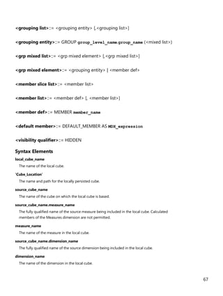 67
<grouping list>::= <grouping entity> [,<grouping list>]
<grouping entity>::= GROUP group_level_name.group_name (<mixed list>)
<grp mixed list>::= <grp mixed element> [,<grp mixed list>]
<grp mixed element>::= <grouping entity> | <member def>
<member slice list>::= <member list>
<member list>::= <member def> [, <member list>]
<member def>::= MEMBER member_name
<default member>::= DEFAULT_MEMBER AS MDX_expression
<visibility qualifier>::= HIDDEN
Syntax Elements
local_cube_name
The name of the local cube.
'Cube_Location'
The name and path for the locally persisted cube.
source_cube_name
The name of the cube on which the local cube is based.
source_cube_name.measure_name
The fully qualified name of the source measure being included in the local cube. Calculated
members of the Measures dimension are not permitted.
measure_name
The name of the measure in the local cube.
source_cube_name.dimension_name
The fully qualified name of the source dimension being included in the local cube.
dimension_name
The name of the dimension in the local cube.
 