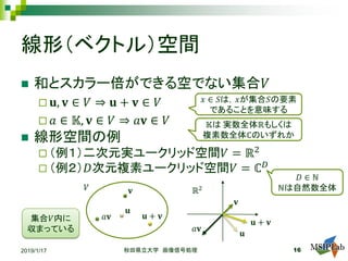線形（ベクトル）空間
 和とスカラー倍ができる空でない集合𝑉𝑉
 𝐮𝐮, 𝐯𝐯 ∈ 𝑉𝑉 ⇒ 𝐮𝐮 + 𝐯𝐯 ∈ 𝑉𝑉
 𝑎𝑎 ∈ 𝕂𝕂, 𝐯𝐯 ∈ 𝑉𝑉 ⇒ 𝑎𝑎𝐯𝐯 ∈ 𝑉𝑉
 線形空間の例
 （例１）二次元実ユークリッド空間𝑉𝑉 = ℝ2
 （例２）𝐷𝐷次元複素ユークリッド空間𝑉𝑉 = ℂ𝐷𝐷
2019/1/17 秋田県立大学 画像信号処理 16
𝕂𝕂は 実数全体ℝもしくは
複素数全体ℂのいずれか
𝑥𝑥 ∈ 𝑆𝑆は，𝑥𝑥が集合𝑆𝑆の要素
であることを意味する
𝑉𝑉
𝐮𝐮
𝐯𝐯
𝐮𝐮 + 𝐯𝐯𝑎𝑎𝐯𝐯
ℝ2
𝐯𝐯
𝐮𝐮
𝐮𝐮 + 𝐯𝐯
𝑎𝑎𝐯𝐯
𝐷𝐷 ∈ ℕ
ℕは自然数全体
集合𝑉𝑉内に
収まっている
 