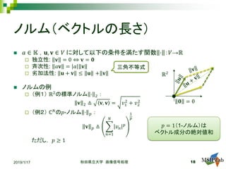ノルム（ベクトルの長さ）
 𝑎𝑎 ∈ 𝕂𝕂 ，𝐮𝐮, 𝐯𝐯 ∈ 𝑉𝑉 に対して以下の条件を満たす関数 ⋅ ：𝑉𝑉→ℝ
 独立性: 𝐯𝐯 = 0 ⇔ 𝐯𝐯 = 𝟎𝟎
 斉次性: 𝑎𝑎𝐯𝐯 = 𝑎𝑎 𝐯𝐯
 劣加法性: 𝐮𝐮 + 𝐯𝐯 ≤ 𝐮𝐮 + 𝐯𝐯
 ノルムの例
 （例１） ℝ2
の標準ノルム ⋅ 2 ：
𝐯𝐯 2 ≜ 𝐯𝐯, 𝐯𝐯 = 𝑣𝑣1
2
+ 𝑣𝑣2
2
 （例２） ℂ𝑁𝑁の𝑝𝑝-ノルム ⋅ 𝑝𝑝 ：
𝐯𝐯 𝑝𝑝 ≜ �
𝑛𝑛=1
𝑁𝑁
𝑣𝑣𝑛𝑛
𝑝𝑝
1
𝑝𝑝
2019/1/17 秋田県立大学 画像信号処理 18
三角不等式
ℝ2
𝟎𝟎 = 0
ただし， 𝑝𝑝 ≥ 1
𝑝𝑝 = 1（1-ノルム）は
ベクトル成分の絶対値和
 