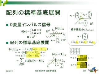 = 3 ×
+ 4 × + ⋯
+ ⋯
配列の標準基底展開
 𝐷𝐷変量インパルス信号
 配列の標準基底展開
2019/1/17 秋田県立大学 画像信号処理 24
𝛿𝛿 𝒏𝒏 = �
1, 𝒏𝒏 = 𝟎𝟎
0, 𝒏𝒏 ≠ 𝟎𝟎
𝒏𝒏 ∈ ℤ𝐷𝐷
𝑢𝑢 𝒏𝒏 𝒏𝒏 = ⋯ + 𝑢𝑢 𝟎𝟎 𝛿𝛿 𝒏𝒏 − 𝟎𝟎 𝒏𝒏 + ⋯
⋯ + 𝑢𝑢 𝒌𝒌 𝛿𝛿 𝒏𝒏 − 𝒌𝒌 𝒏𝒏 + ⋯
⋯ + 𝑢𝑢 𝒍𝒍 𝛿𝛿 𝒏𝒏 − 𝒍𝒍 𝒏𝒏 + ⋯
= �
𝒌𝒌∈ℤ 𝐷𝐷
𝑢𝑢 𝒌𝒌 𝛿𝛿 𝒏𝒏 − 𝒌𝒌 𝒏𝒏
ℝ3
𝐞𝐞2 =
0
1
0
𝑛𝑛1
𝑛𝑛2𝟎𝟎
1
ℝℤ2
𝐞𝐞1 =
1
0
0
𝐞𝐞3 =
0
0
1
𝐮𝐮 =
𝑢𝑢1
𝑢𝑢2
𝑢𝑢3
= 𝑢𝑢1 𝐞𝐞1 + 𝑢𝑢2 𝐞𝐞2 + 𝑢𝑢3 𝐞𝐞3
𝑛𝑛2
𝒌𝒌 =
1
2
1
𝑛𝑛1
𝛿𝛿 𝒏𝒏 − 𝒌𝒌 𝒏𝒏
3 2 7
4 8 5
1 0 0
0 0 0
0 0 0
1 0 0
𝒆𝒆𝑘𝑘 𝑘𝑘∈ 1,2,3標準基底：
𝛿𝛿 𝒏𝒏 𝒏𝒏
𝒏𝒏 =
𝑛𝑛1
𝑛𝑛2
∈ ℤ2
 