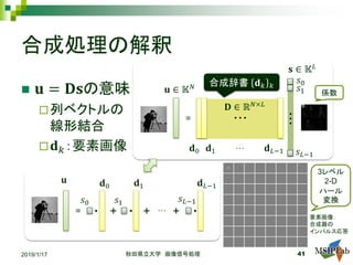 合成処理の解釈
 𝐮𝐮 = 𝐃𝐃𝐬𝐬の意味
列ベクトルの
線形結合
 𝐝𝐝𝑘𝑘：要素画像
2019/1/17 秋田県立大学 画像信号処理 41
= …+ + +
𝐝𝐝0 𝐝𝐝1 𝐝𝐝𝐿𝐿−1
・ ・ ・
𝑠𝑠0 𝑠𝑠1 𝑠𝑠𝐿𝐿−1
𝐮𝐮
=
𝐮𝐮 ∈ 𝕂𝕂𝑁𝑁
𝐬𝐬 ∈ 𝕂𝕂𝐿𝐿
𝐃𝐃 ∈ ℝ𝑁𝑁×𝐿𝐿
𝐝𝐝0 𝐝𝐝1 𝐝𝐝𝐿𝐿−1
𝑠𝑠0
𝑠𝑠1
𝑠𝑠𝐿𝐿−1
3レベル
2-D
ハール
変換
要素画像：
合成器の
インパルス応答
係数
合成辞書 𝐝𝐝𝑘𝑘 𝑘𝑘
…
 