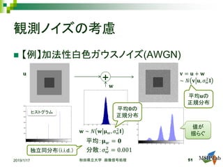観測ノイズの考慮
 【例】加法性白色ガウスノイズ(AWGN)
2019/1/17 秋田県立大学 画像信号処理 51
+
-0.5 -0.4 -0.3 -0.2 -0.1 0 0.1 0.2 0.3 0.4 0.5
0
2000
4000
6000
8000
10000
12000
0 0.1 0.2 0.3 0.4 0.5 0.6 0.7 0.8 0.9 1
0
100
200
300
400
500
600
0 0.1 0.2 0.3 0.4 0.5 0.6 0.7 0.8 0.9 1
平均：𝛍𝛍 𝑤𝑤 = 𝟎𝟎
分散：𝜎𝜎𝑤𝑤
2
= 0.001
𝐮𝐮
𝐰𝐰
𝐯𝐯 = 𝐮𝐮 + 𝐰𝐰
∼ 𝑁𝑁 𝐯𝐯 𝐮𝐮, 𝜎𝜎𝑤𝑤
2
𝐈𝐈
𝐰𝐰 ∼ 𝑁𝑁 𝐰𝐰 𝛍𝛍𝑤𝑤, 𝜎𝜎𝑤𝑤
2
𝐈𝐈
独立同分布（i.i.d.）
平均𝟎𝟎の
正規分布
平均𝐮𝐮の
正規分布
ヒストグラム
値が
揺らぐ
 