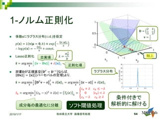 1-ノルム正則化
 係数𝐬𝐬にラプラス分布(i.i.d.)を仮定
𝑝𝑝 𝐬𝐬 = 𝐿𝐿 𝐯𝐯 𝛍𝛍 = 𝟎𝟎, 𝑏𝑏 ∝ exp −
𝐬𝐬−𝛍𝛍 1
𝑏𝑏
∴ log 𝑝𝑝 𝐬𝐬 = −
𝐬𝐬 1
𝑏𝑏
+ const.
 Lasso正則化
�𝐬𝐬 = arg min
𝐬𝐬
1
2
𝐯𝐯 − 𝐃𝐃𝐃𝐃 2
2
+ 𝜆𝜆 𝐬𝐬 1
 辞書𝐃𝐃が正規直交 𝐃𝐃𝑇𝑇
= 𝐃𝐃−1
ならば，
𝐃𝐃𝐃𝐃 2
2
= 𝐱𝐱 2
2
(パーセバルの定理)より，
�𝐬𝐬 = arg min
𝒔𝒔
1
2
𝐃𝐃𝑇𝑇
𝐯𝐯 − 𝒔𝒔 2
2
+ 𝜆𝜆 𝐬𝐬 1 = arg min
𝒔𝒔
1
2
𝐜𝐜 − 𝒔𝒔 2
2
+ 𝜆𝜆 𝒔𝒔 1
̂𝑠𝑠𝑘𝑘 = arg min
𝑠𝑠
1
2
𝑐𝑐𝑘𝑘 − 𝑠𝑠 2
+ 𝜆𝜆 𝑠𝑠 = 𝒯𝒯𝜆𝜆 𝒄𝒄 𝑘𝑘
= �
𝑐𝑐𝑘𝑘 + 𝜆𝜆 𝑐𝑐𝑘𝑘 ≤ −𝜆𝜆
0 𝑐𝑐𝑘𝑘 < 𝜆𝜆
𝑐𝑐𝑘𝑘 − 𝜆𝜆 𝑐𝑐𝑘𝑘 ≥ 𝜆𝜆
2019/1/17 秋田県立大学 画像信号処理 54
条件付きで
解析的に解ける
𝜆𝜆 =
𝜎𝜎𝑤𝑤
2
𝑏𝑏
𝐃𝐃 =
2
3
1
3
𝐯𝐯 =
1
2
正則化項
忠実項 軸上
ラプラス分布
成分毎の最適化に分離 ソフト閾値処理
 