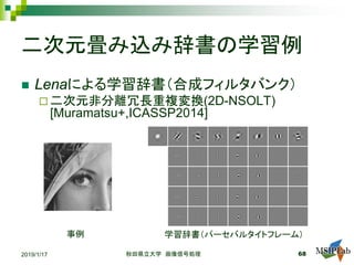 二次元畳み込み辞書の学習例
 Lenaによる学習辞書（合成フィルタバンク）
 二次元非分離冗長重複変換(2D-NSOLT)
[Muramatsu+,ICASSP2014]
2019/1/17 秋田県立大学 画像信号処理 68
事例 学習辞書（パーセバルタイトフレーム）
 