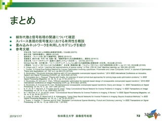 まとめ
 線形代数と信号処理の関連について確認
 スパース表現の信号復元における有用性を概説
 畳み込みネットワークを利用したモデリングを紹介
 参考文献
1. 村松正吾，「MATLABによる画像＆映像信号処理」，CQ出版 (2007/5)
2. 鈴木大慈，「確率的最適化」，講談社 (2015/8)
3. 冨岡亮太， 「スパース性に基づく機械学習」，講談社 (2015/12)
4. 金森敬文，鈴木大慈，竹内一郎，佐藤一誠， 「機械学習のための連続最適化」 ，講談社 (2016/12)
5. 永原正章，「スパースモデリング～基礎から動的システムへの応用～」 ，コロナ社 (2017/10)
6. Michael Elad（著），玉木徹（訳），「スパースモデリング：ℓ1/ℓ0ノルム最小化の基礎理論と画像処理への応用」，共立出版 (2016/4)
7. 小野峻佑，”コンピュータビジョンにおける凸最適化”，米谷竜，斎藤英雄（編），「コンピュータビジョンー広がる要素技術と応用ー」, pp.121-140, 共立出版 (2018/6)
8. K. Gregor and Y. LeCun, “Learning fast approximations of sparse coding,” in Proc. 27th Int. Conf. Machine Learning, pp. 399–406 (2010/6).
9. L. Condat, "A Primal-Dual Splitting Method for Convex Optimization Involving Lipschitzian, Proximable and Linear Composite Terms", in Journal of Optimization
Theory and Applications, vol. 158, no.2, pp.460-479 (2013/8).
10. S. Muramatsu, "Structured dictionary learning with 2-D non-separable oversampled lapped transform," 2014 IEEE International Conference on Acoustics,
Speech and Signal Processing (ICASSP), pp. 2624-2628 (2014/5).
11. N. Komodakis and J. Pesquet, "Playing with Duality: An overview of recent primal-dual approaches for solving large-scale optimization problems," in IEEE
Signal Processing Magazine, vol. 32, no. 6, pp. 31-54 (2015/11).
12. S. Muramatsu, M. Ishii and Z. Chen, "Efficient parameter optimization for example-based design of nonseparable oversampled lapped transform," 2016 IEEE
International Conference on Image Processing (ICIP), pp. 3618-3622 (2016/9).
13. S. Muramatsu, K. Furuya and N. Yuki, “Multidimensional nonseparable oversampled lapped transforms: theory and design,” in IEEE Transactions on Signal
Processing, vol. 65, no. 5, pp. 1251-1264 (2017/3).
14. K. H. Jin, M. T. McCann, E. Froustey and M. Unser, "Deep Convolutional Neural Network for Inverse Problems in Imaging," in IEEE Transactions on Image
Processing, vol. 26, no. 9, pp. 4509-4522 (2017/9).
15. M. T. McCann, K. H. Jin and M. Unser, "Convolutional Neural Networks for Inverse Problems in Imaging: A Review," in IEEE Signal Processing Magazine, vol.
34, no. 6, pp. 85-95 (2017/11).
16. A. Lucas, M. Iliadis, R. Molina and A. K. Katsaggelos, "Using Deep Neural Networks for Inverse Problems in Imaging: Beyond Analytical Methods," in IEEE
Signal Processing Magazine, vol. 35, no. 1, pp. 20-36 (2018/1).
17. J. Sulam, V. Papyan, Y. Romano and M. Elad, "Multilayer Convolutional Sparse Modeling: Pursuit and Dictionary Learning," in IEEE Transactions on Signal
Processing, vol. 66, no. 15, pp. 4090-4104, 1 (2018/8).
2019/1/17 秋田県立大学 画像信号処理 72
 