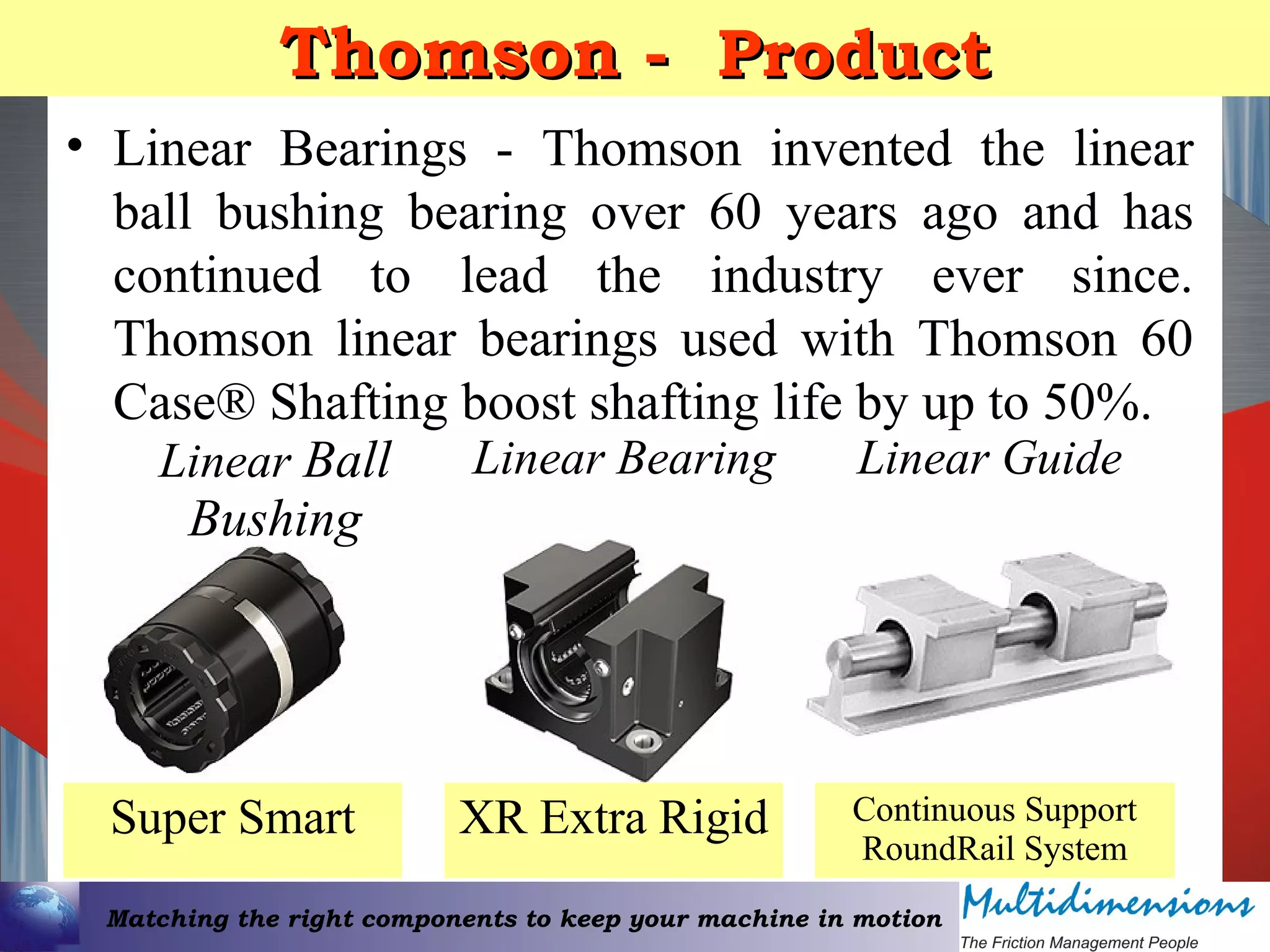 Matching the right components to keep your machine in motion
Thomson -Thomson - ProductProduct
• Linear Bearings - Thomson invented the linear
ball bushing bearing over 60 years ago and has
continued to lead the industry ever since.
Thomson linear bearings used with Thomson 60
Case® Shafting boost shafting life by up to 50%.
Linear Ball
Bushing
Linear GuideLinear Bearing
Super Smart Continuous Support
RoundRail System
XR Extra Rigid
 
