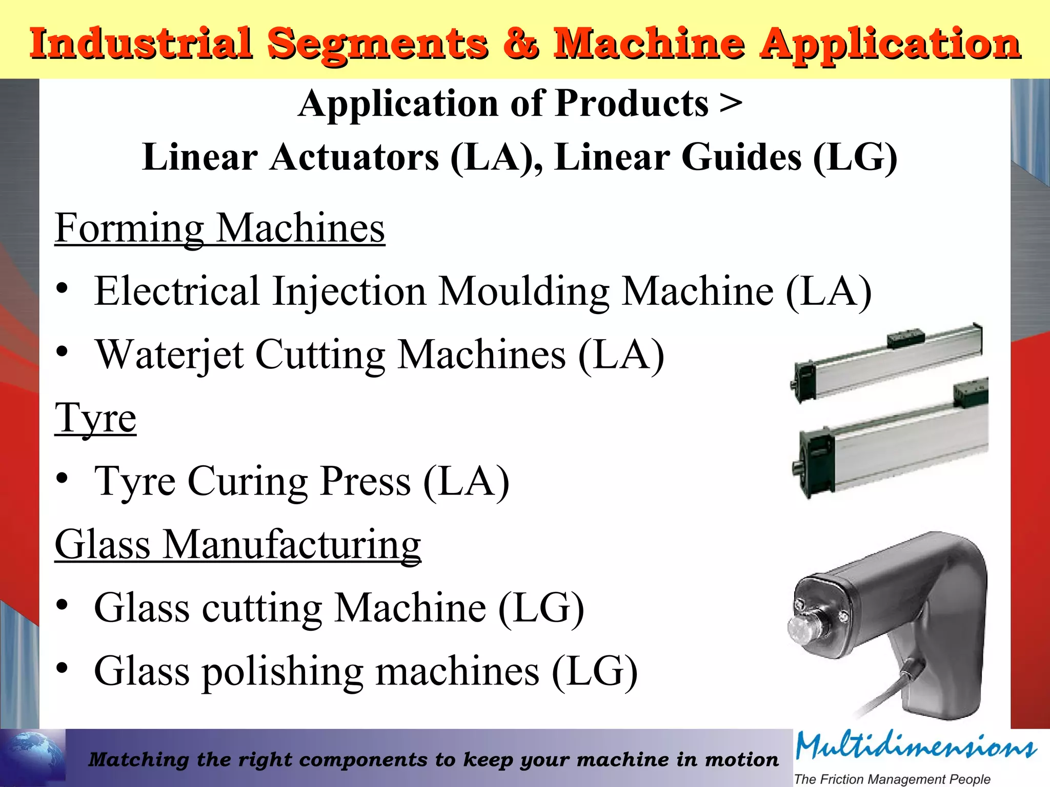 Matching the right components to keep your machine in motion
Industrial Segments & Machine ApplicationIndustrial Segments & Machine Application
Forming Machines
• Electrical Injection Moulding Machine (LA)
• Waterjet Cutting Machines (LA)
Tyre
• Tyre Curing Press (LA)
Glass Manufacturing
• Glass cutting Machine (LG)
• Glass polishing machines (LG)
Application of Products >
Linear Actuators (LA), Linear Guides (LG)
 