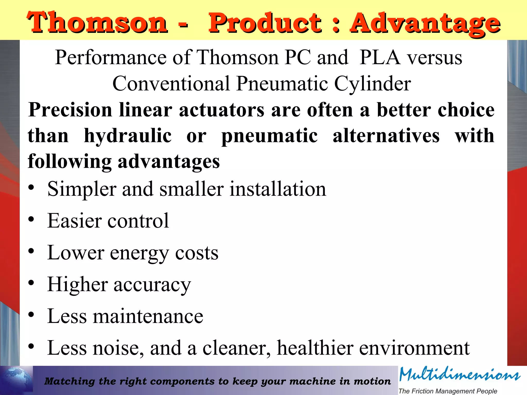 Matching the right components to keep your machine in motion
Thomson -Thomson - Product : AdvantageProduct : Advantage
Performance of Thomson PC and PLA versus
Conventional Pneumatic Cylinder
• Simpler and smaller installation
• Easier control
• Lower energy costs
• Higher accuracy
• Less maintenance
• Less noise, and a cleaner, healthier environment
Precision linear actuators are often a better choice
than hydraulic or pneumatic alternatives with
following advantages
 
