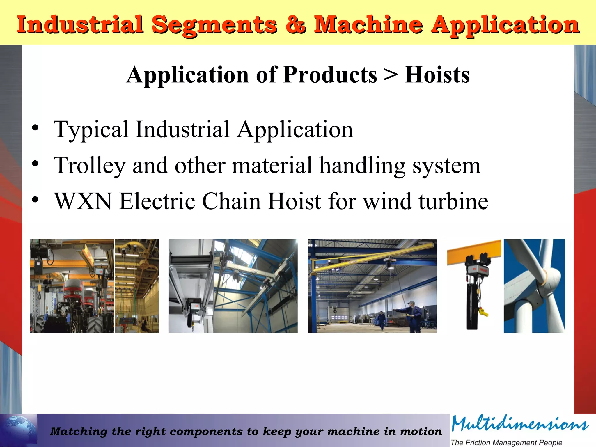 Matching the right components to keep your machine in motion
Industrial Segments & Machine ApplicationIndustrial Segments & Machine Application
• Typical Industrial Application
• Trolley and other material handling system
• WXN Electric Chain Hoist for wind turbine
Application of Products > Hoists
 