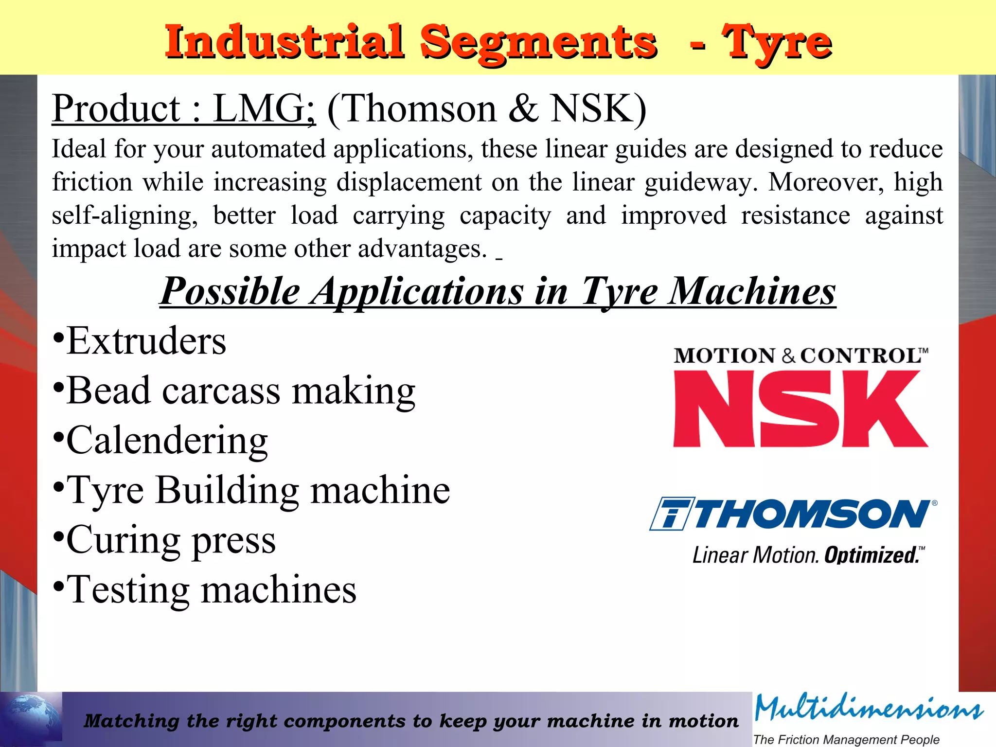 Matching the right components to keep your machine in motion
Industrial Segments - TyreIndustrial Segments - Tyre
Product : LMG; (Thomson & NSK)
Ideal for your automated applications, these linear guides are designed to reduce
friction while increasing displacement on the linear guideway. Moreover, high
self-aligning, better load carrying capacity and improved resistance against
impact load are some other advantages.
Possible Applications in Tyre Machines
•Extruders
•Bead carcass making
•Calendering
•Tyre Building machine
•Curing press
•Testing machines
 