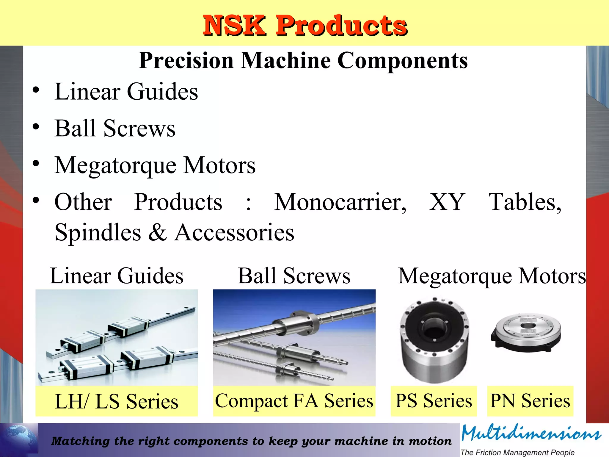 Matching the right components to keep your machine in motion
NSK ProductsNSK Products
• Linear Guides
• Ball Screws
• Megatorque Motors
• Other Products : Monocarrier, XY Tables,
Spindles & Accessories
Precision Machine Components
LH/ LS Series
Linear Guides
Compact FA Series
Ball Screws Megatorque Motors
PS Series PN Series
 
