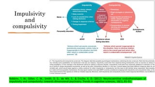 Impulsivity
and
compulsivity
Robbins, T. W., Gillan, C. M., Smith, D. G., de Wit, S., & Ersche, K. D. (2012). Neurocognitive endophenotypes of
impulsivity and compulsivity: towards dimensional psychiatry. Trends in cognitive sciences, 16(1), 81-91.
 