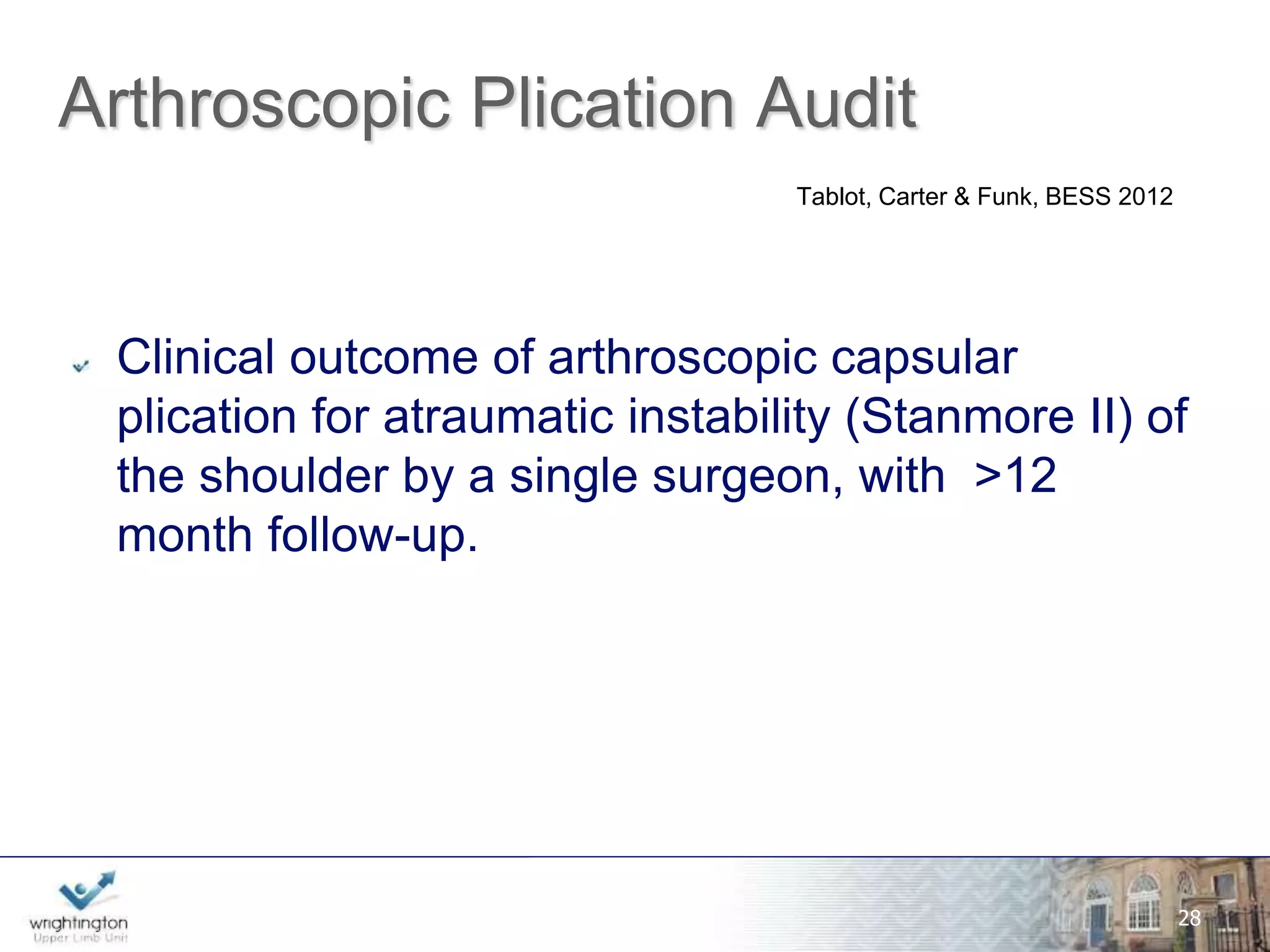 Pre-op Post-op 
* 
www.wrightington.com 
28 
* Statistically significantly improved score (p<0.001) 
26 
16 
54 
39 
* 
32 
* 
29 
60. 
45. 
30. 
15. 
0. 
OSS OIS DASH 
 